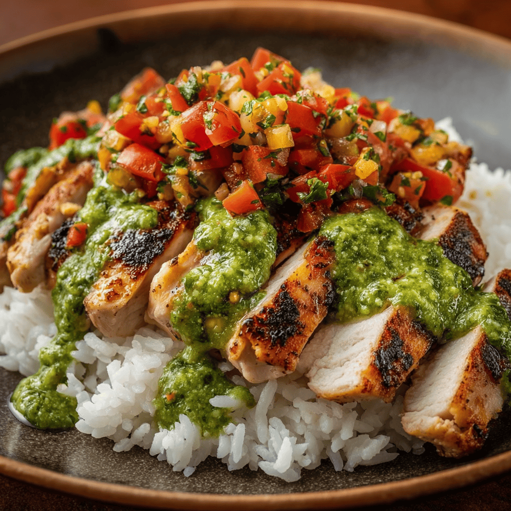 A close-up of Peruvian chicken and rice featuring grilled chicken slices served over white rice, topped with fresh tomato salsa and green ají amarillo cilantro sauce.
