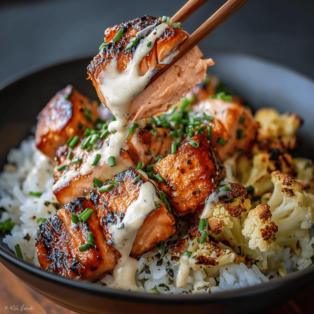 Sriracha Honey Salmon Bowls: A Sweet & Spicy Weeknight Favorite 3 Close-up of Sriracha Honey Salmon Bowls with caramelized salmon chunks, roasted cauliflower, jasmine rice, and creamy white sauce, held by chopsticks