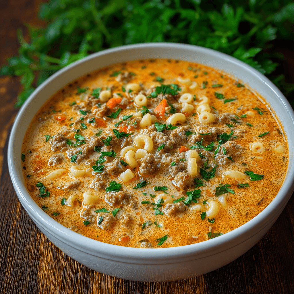 Creamy Parmesan Italian Sausage Ditalini Soup 4 Bowl of creamy Parmesan Italian sausage ditalini soup with visible sausage crumbles, pasta, carrots, and fresh parsley in a rich orange broth