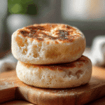 How to Make Perfect Sourdough Discard English Muffins (No Proofing Needed) 5 Two sourdough discard English muffins with browned tops, resting on a rustic wooden board