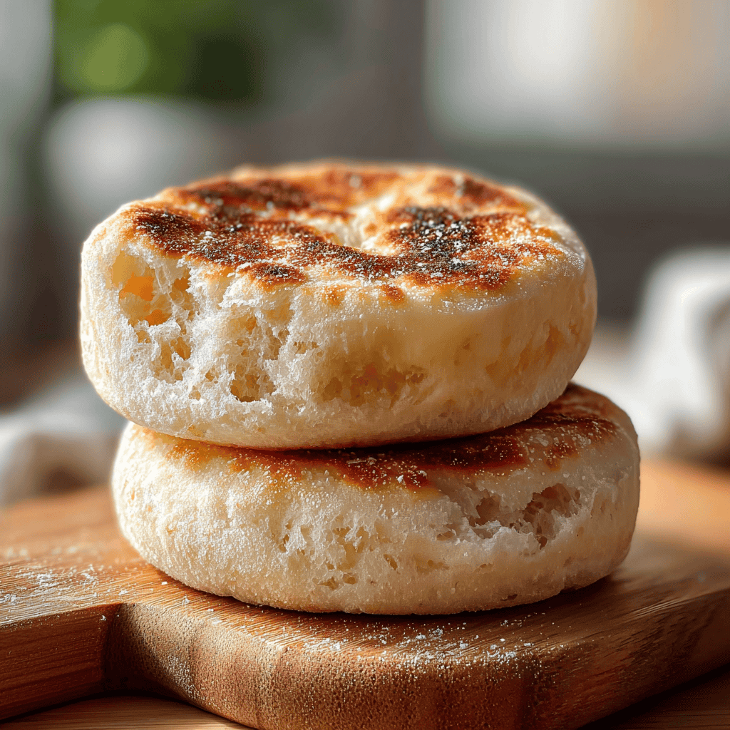 Two sourdough discard English muffins with browned tops, resting on a rustic wooden board