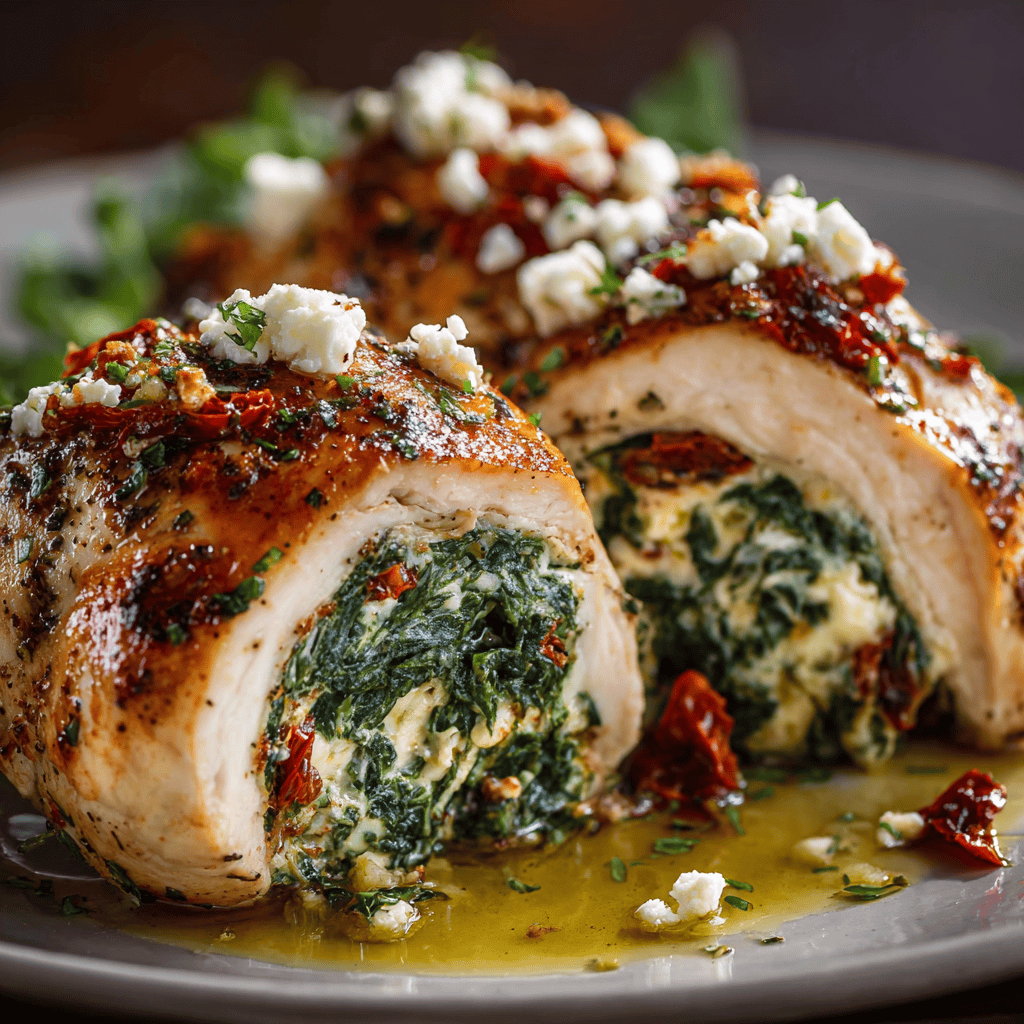 Close-up of spinach feta stuffed chicken breast garnished with sun-dried tomatoes and crumbled feta, served in herb-infused olive oil