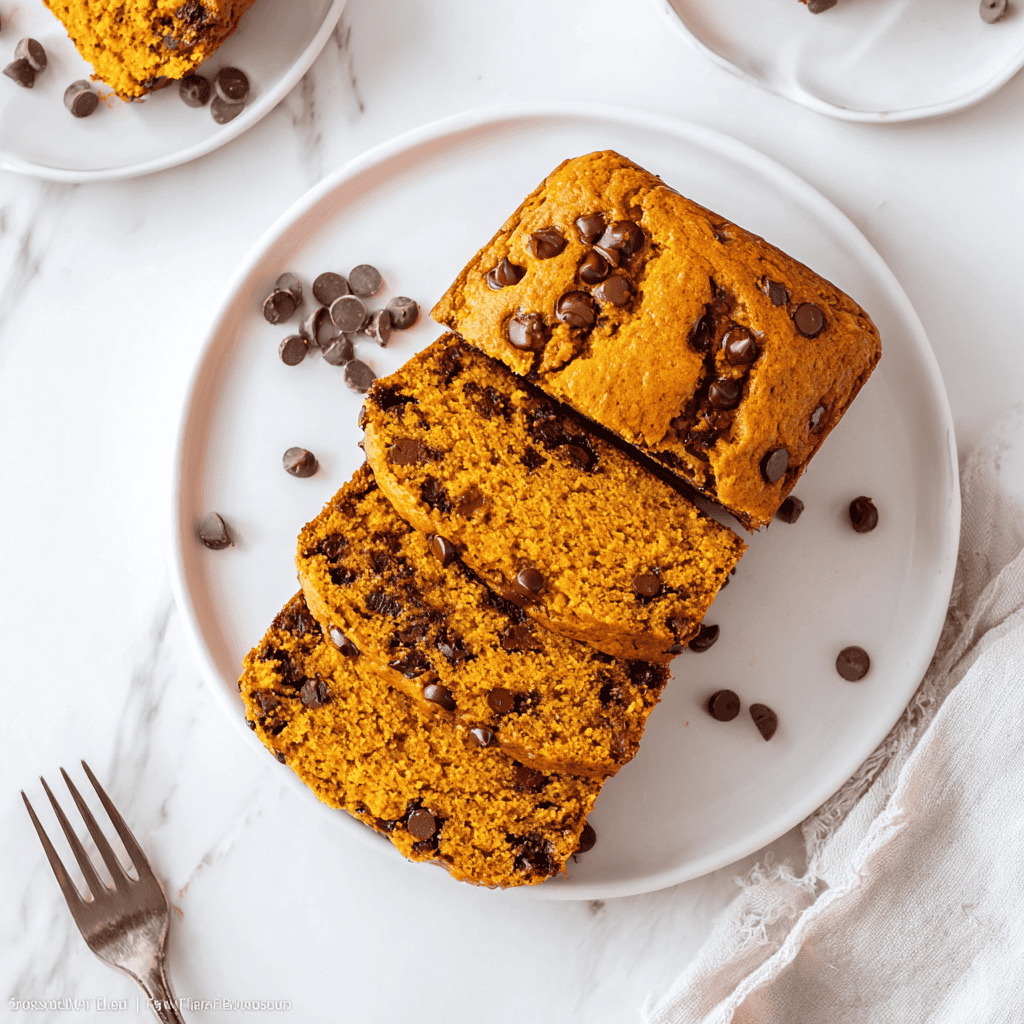 Pumpkin Bread with Chocolate Chips – Easy & Delicious 5 Four slices of moist chocolate chip pumpkin bread on a white plate with scattered chocolate chips, showing the soft and rich interior.