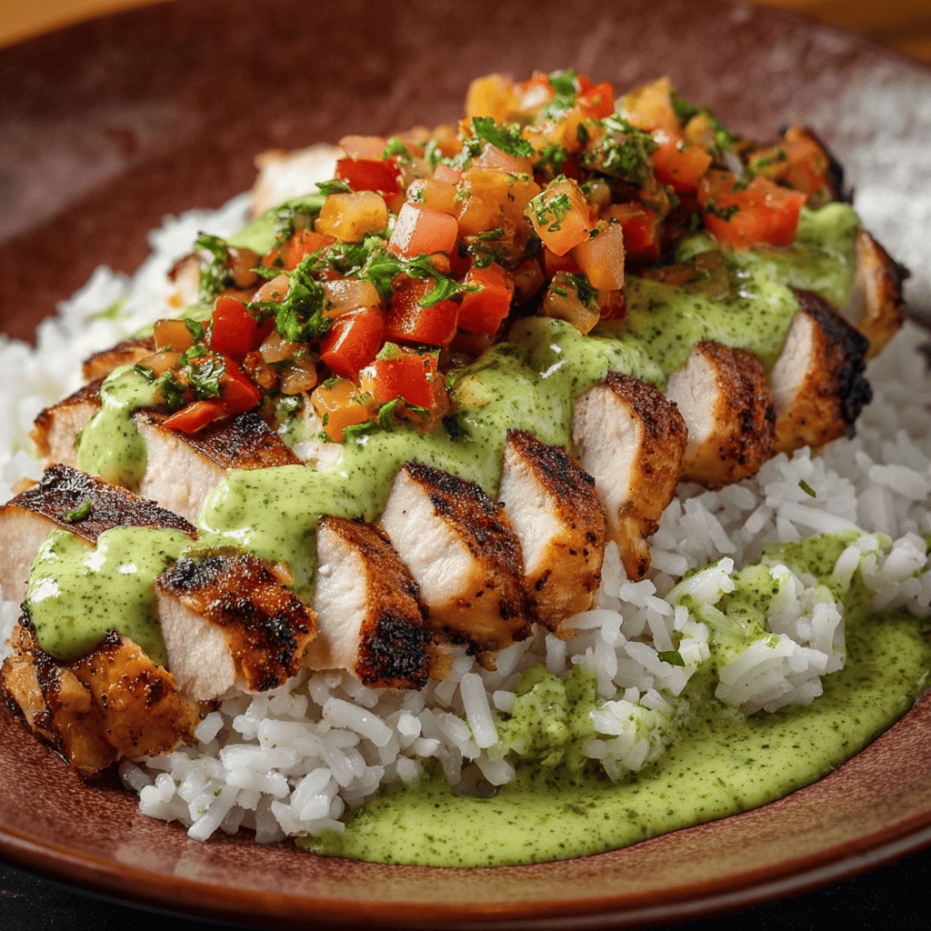 Peruvian Chicken and Rice: A Flavor-Packed One-Pot Masterpiece 4 Sliced Peruvian chicken and rice topped with creamy cilantro sauce and a vibrant tomato salsa on a brown ceramic plate, served over fluffy white rice.