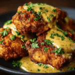 Close-up of crispy pretzel crusted chicken drizzled with cheddar mustard sauce and garnished with fresh parsley on a dark plate