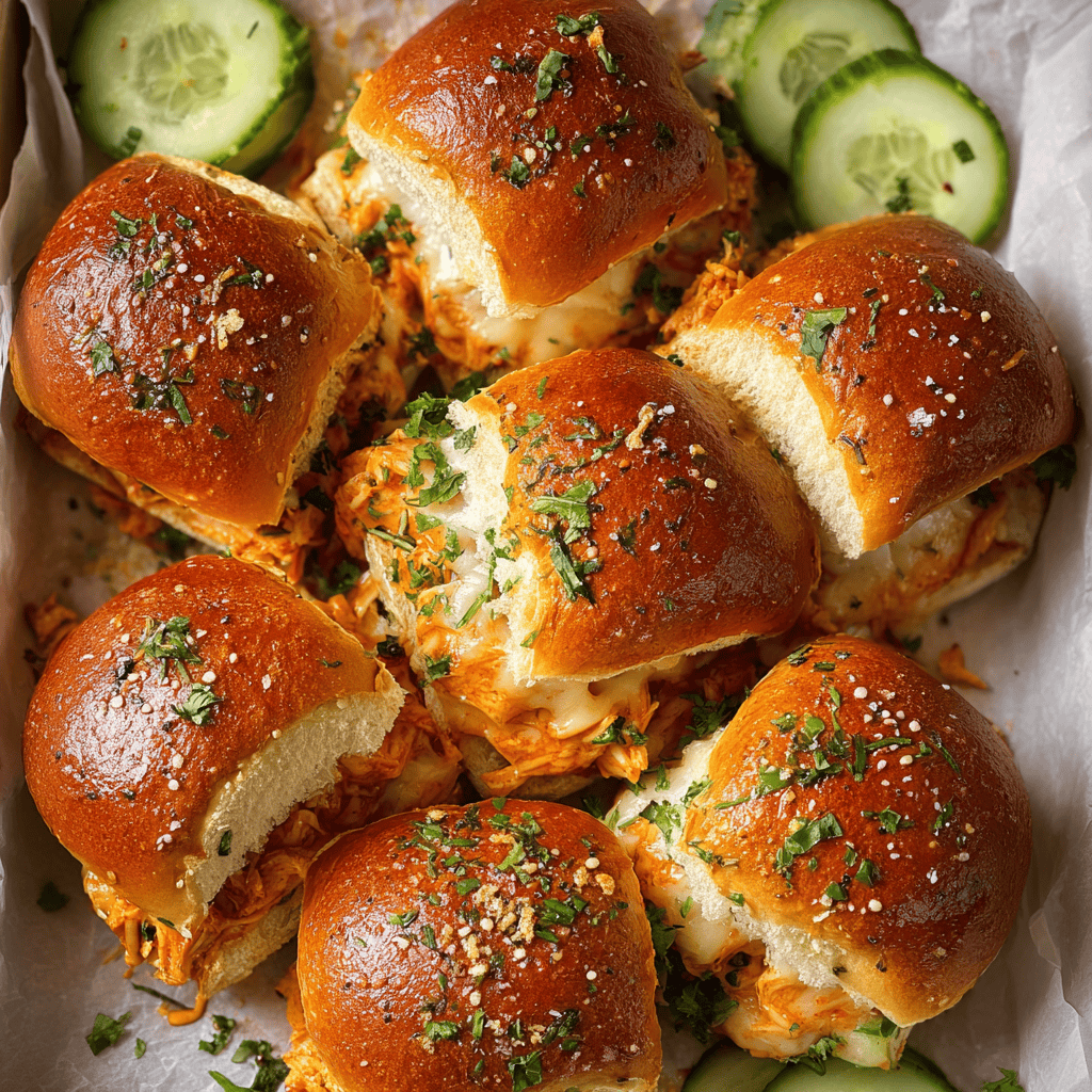 Spicy Buffalo Chicken Sliders – Easy, Saucy & Perfect for Game Day 4 Freshly baked spicy Buffalo chicken sliders on golden Hawaiian rolls, topped with herbs and surrounded by cucumber slices.