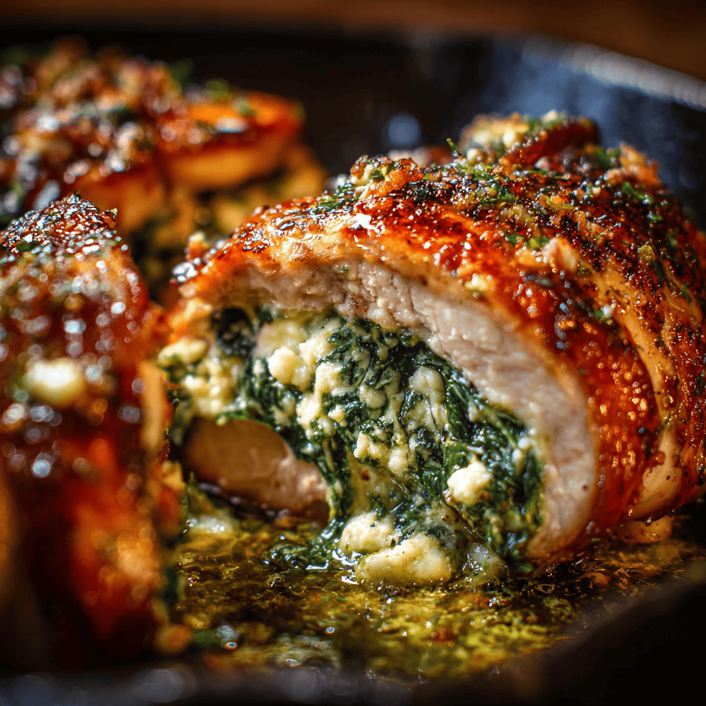 Spinach Feta Stuffed Chicken: A Flavor-Packed Mediterranean Dinner Guide 6 Stuffed chicken breast with spinach and feta cheese sizzling in a cast iron skillet, crispy skin and melted cheese filling visible