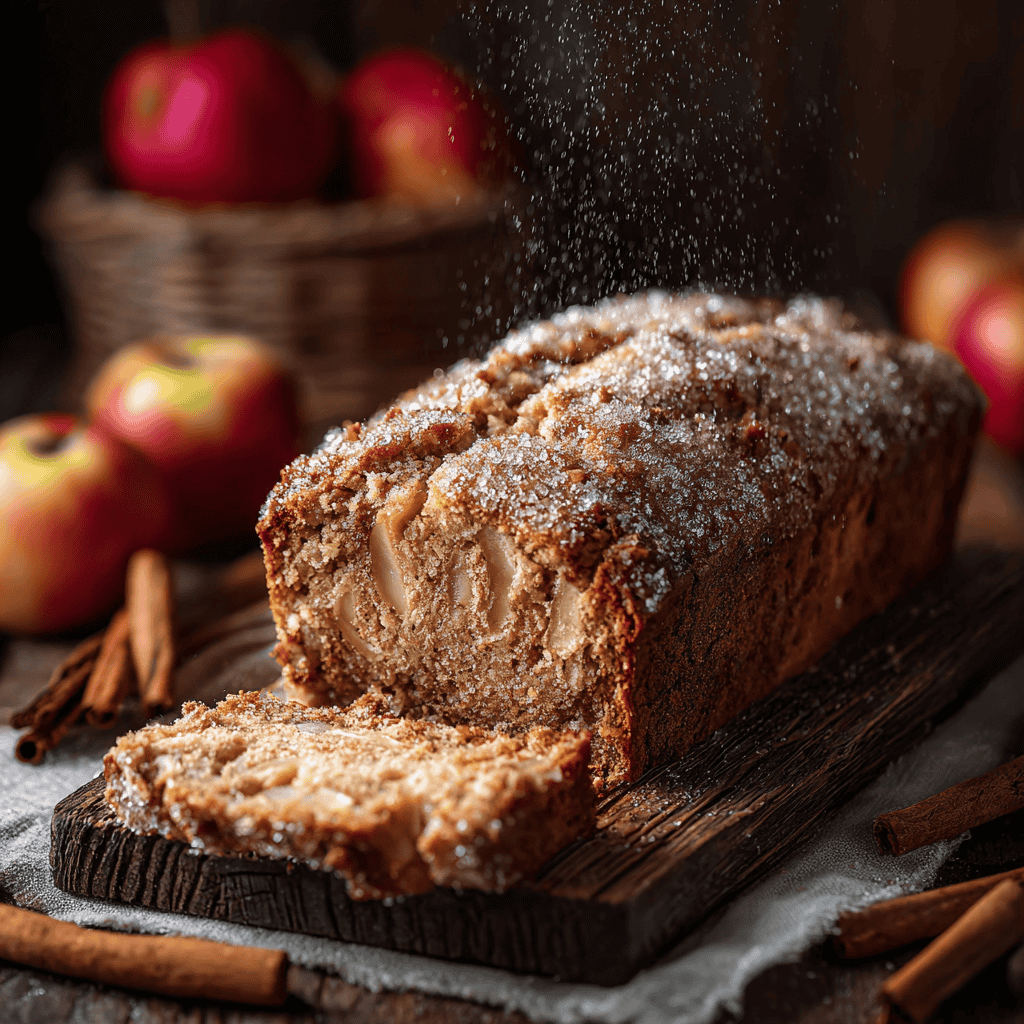 Spiced Apple Cider Donut Loaf – The Cozy Fall Recipe You Need 4 Moist spiced apple cider donut loaf sliced on a wooden board, showing chunks of baked apples and a cinnamon sugar crust