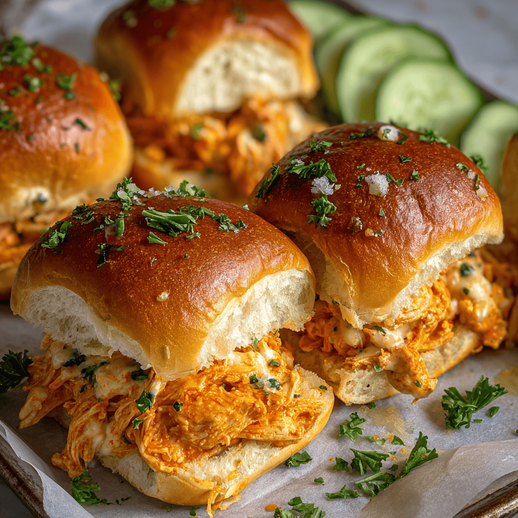 Close-up of spicy Buffalo chicken sliders filled with shredded chicken and creamy sauce, garnished with fresh parsley on parchment paper.
