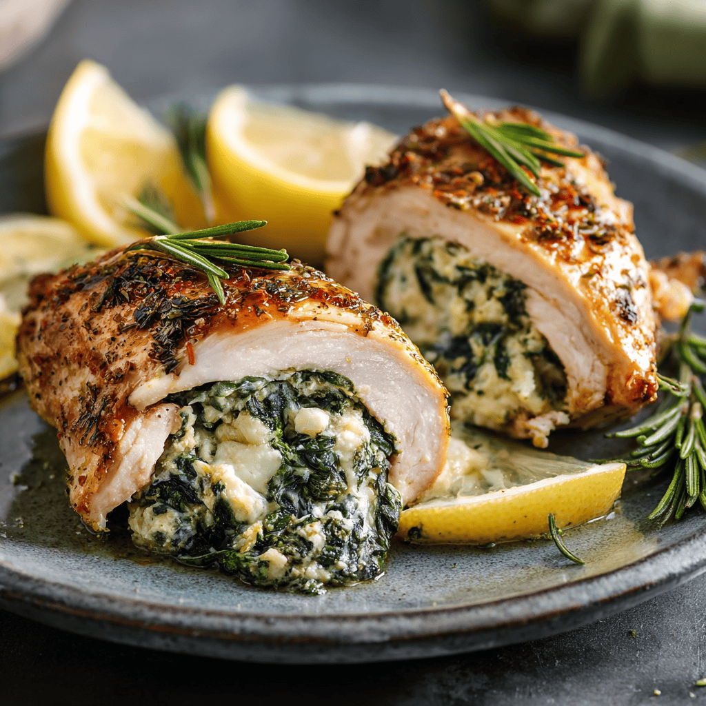 Spinach Feta Stuffed Chicken: A Flavor-Packed Mediterranean Dinner Guide 5 Golden spinach feta stuffed chicken breast served with lemon wedges and rosemary on a rustic blue ceramic plate