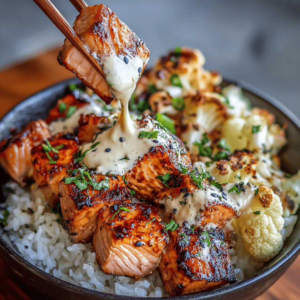 Sriracha Honey Salmon Bowls: A Sweet & Spicy Weeknight Favorite 4 Perfectly seared Sriracha Honey Salmon served over rice with roasted cauliflower and creamy glaze, garnished with herbs and black sesame seeds
