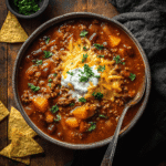 Bowl of pumpkin chili with ground turkey, beans, and chunks of pumpkin, topped with shredded cheddar, sour cream, and parsley on a rustic wooden table.