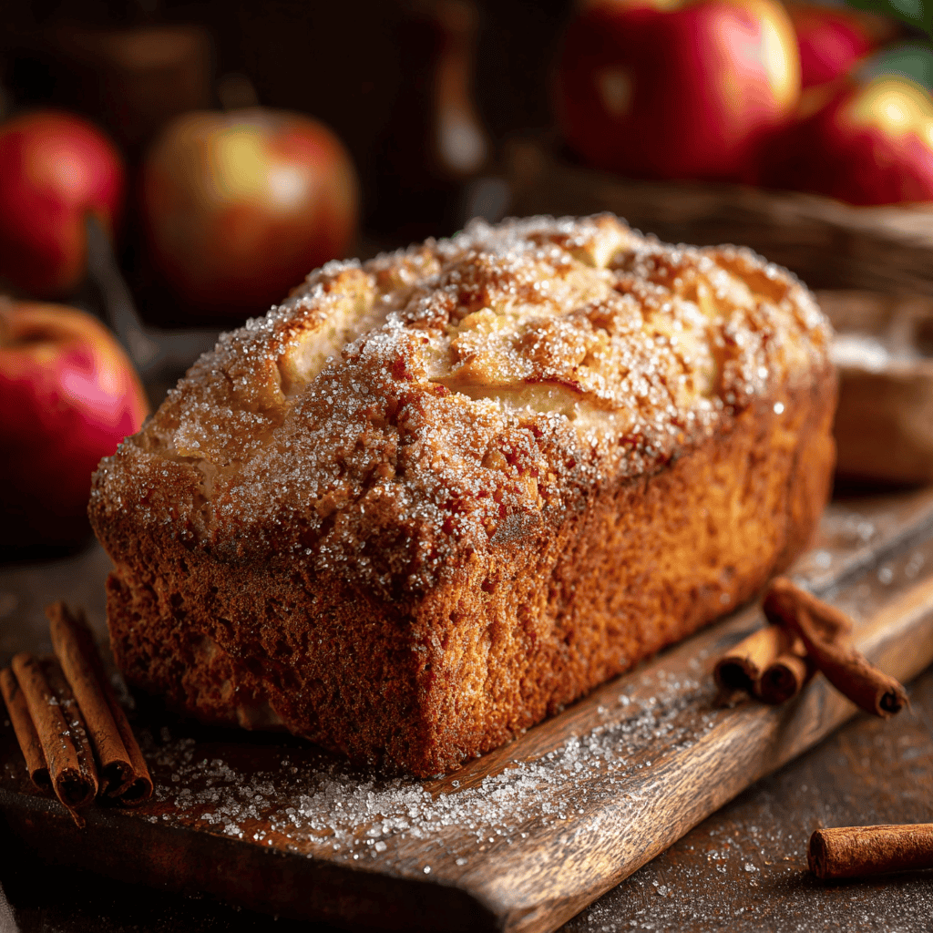 Golden brown apple cider donut loaf sprinkled with sugar, surrounded by red apples and cinnamon sticks on a rustic surface