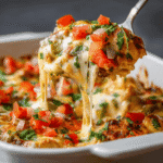A spoonful of Salsa Fresca Chicken Bake with melted cheese, juicy tomatoes, and fresh herbs being lifted from a casserole dish