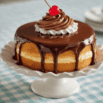 Boston Cream Pie Recipe featuring layered sponge cake with vanilla custard and chocolate ganache, topped with whipped cream and a cherry