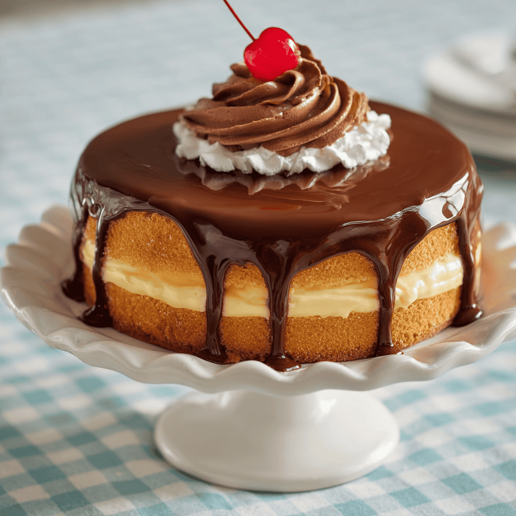 Boston Cream Pie Recipe featuring layered sponge cake with vanilla custard and chocolate ganache, topped with whipped cream and a cherry