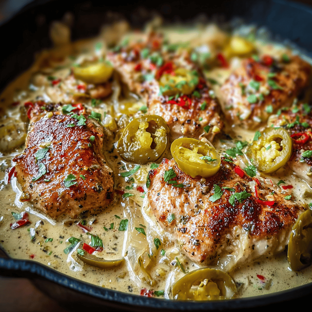 Creamy Pepperoncini Chicken Skillet – Tangy, Velvety Comfort in One Pan 4 Creamy pepperoncini chicken skillet with seared chicken breasts in a rich parmesan cream sauce topped with sliced pepperoncini and herbs in a cast iron pan