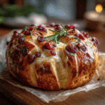 Baked cranberry goat cheese sourdough loaf topped with melted cheese, dried cranberries, and rosemary on parchment paper