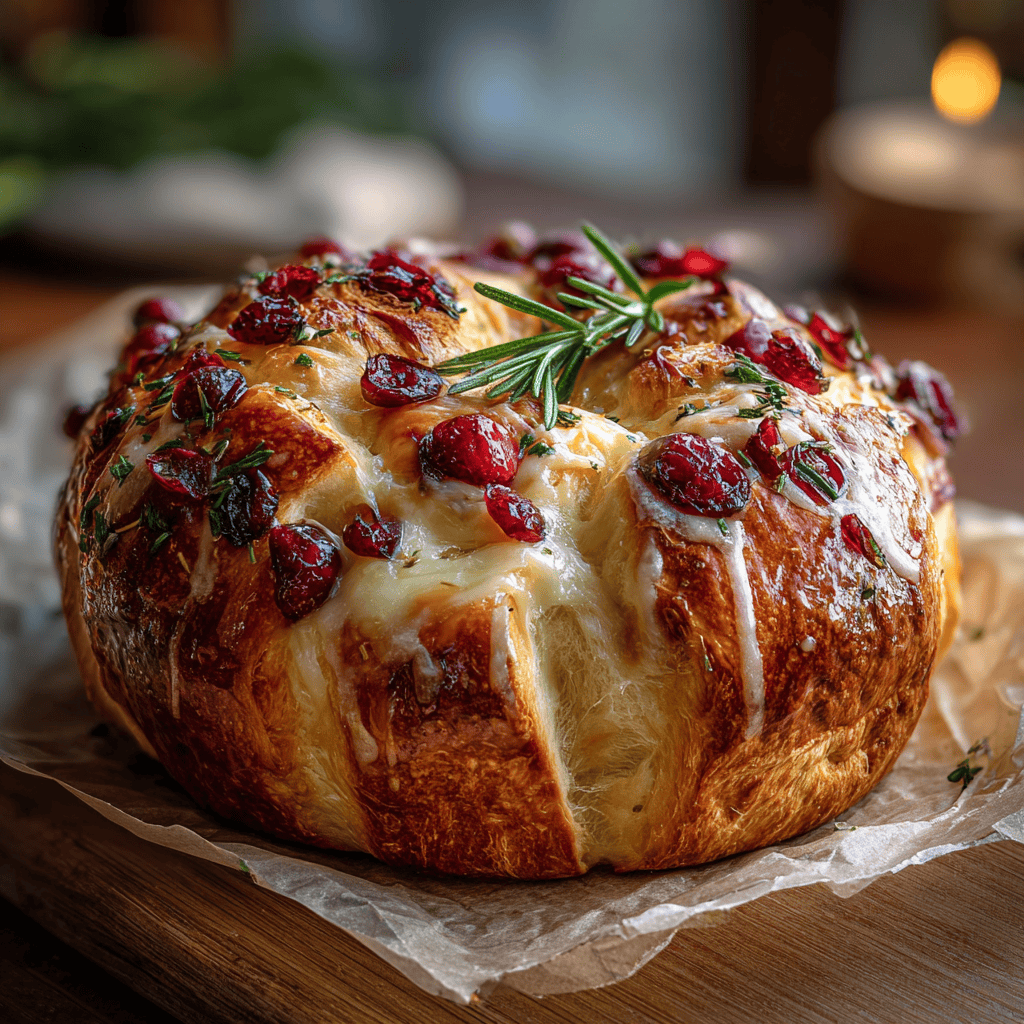 Baked cranberry goat cheese sourdough loaf topped with melted cheese, dried cranberries, and rosemary on parchment paper