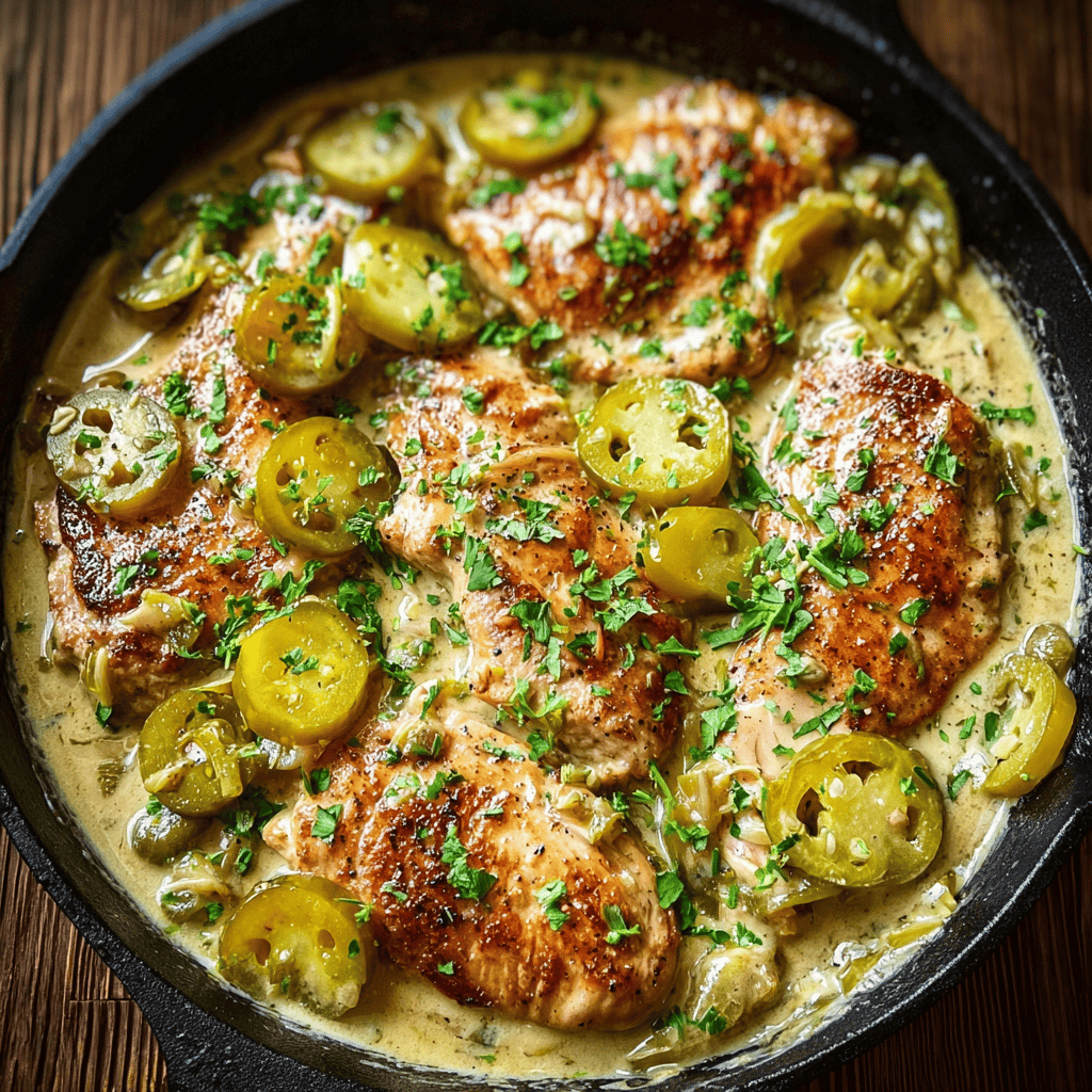 Creamy Pepperoncini Chicken Skillet – Tangy, Velvety Comfort in One Pan 3 Creamy pepperoncini chicken skillet with seared chicken breasts in a rich parmesan cream sauce topped with sliced pepperoncini and herbs in a cast iron pan