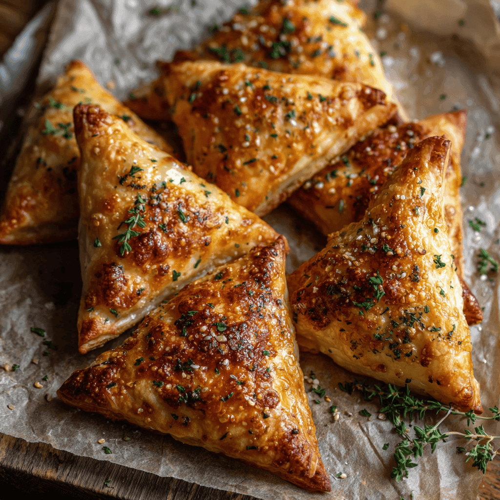 Freshly baked Moroccan Spiced Chicken Briouats on parchment paper, topped with herbs and sea salt