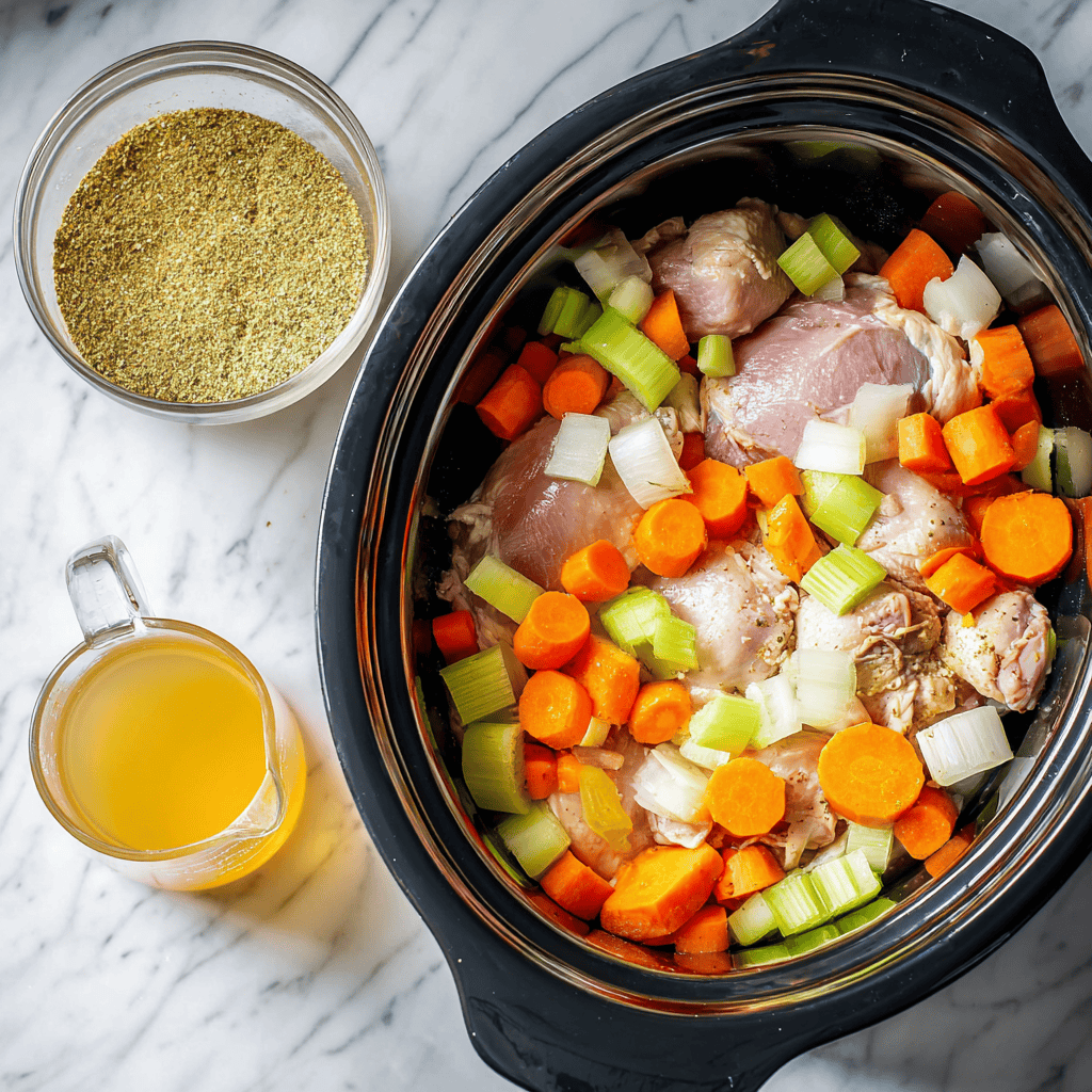 Raw ingredients for crockpot chicken pot roast including chicken thighs, chopped carrots, celery, onion in a slow cooker, with seasoning mix in a glass cup