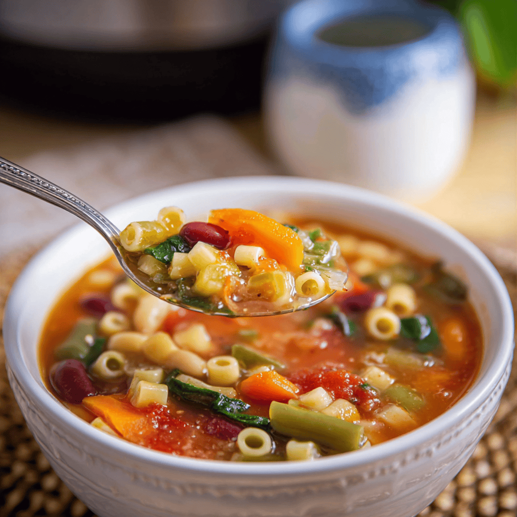Crockpot Minestrone Soup: The Ultimate Hearty Slow Cooker Classic 4 A spoonful of Crockpot Minestrone Soup lifted above a bowl, filled with colorful vegetables, beans, and pasta in a tomato-based broth.