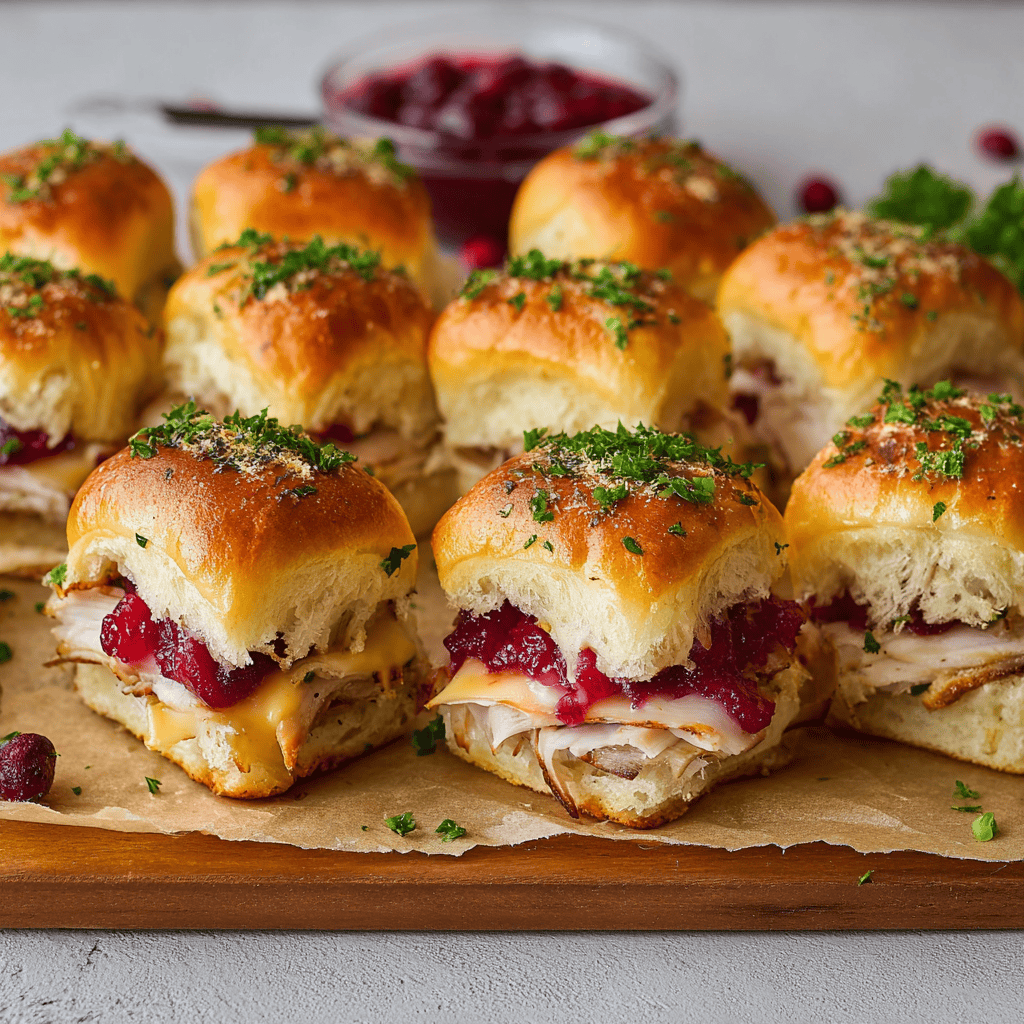 Golden-baked Florida OJ Cranberry Turkey Sliders filled with turkey, cranberry orange sauce, and Swiss cheese, served on a wooden board with fresh herbs.