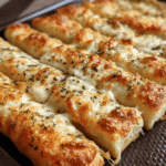 The Ultimate Guide to Sourdough Cheesy Breadsticks 5 Golden brown sourdough cheesy breadsticks topped with melted cheese and herbs on a baking tray