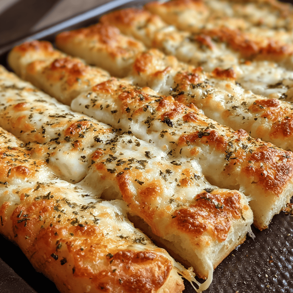 Golden brown sourdough cheesy breadsticks topped with melted cheese and herbs on a baking tray