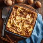Cozy Apple Cinnamon Cottage Cheese Bake – High Protein & Gluten-Free 5 Top view of a golden-brown apple cinnamon cottage cheese bake in a square glass dish, styled with eggs, cinnamon sticks, and a blue towel on a wooden table.
