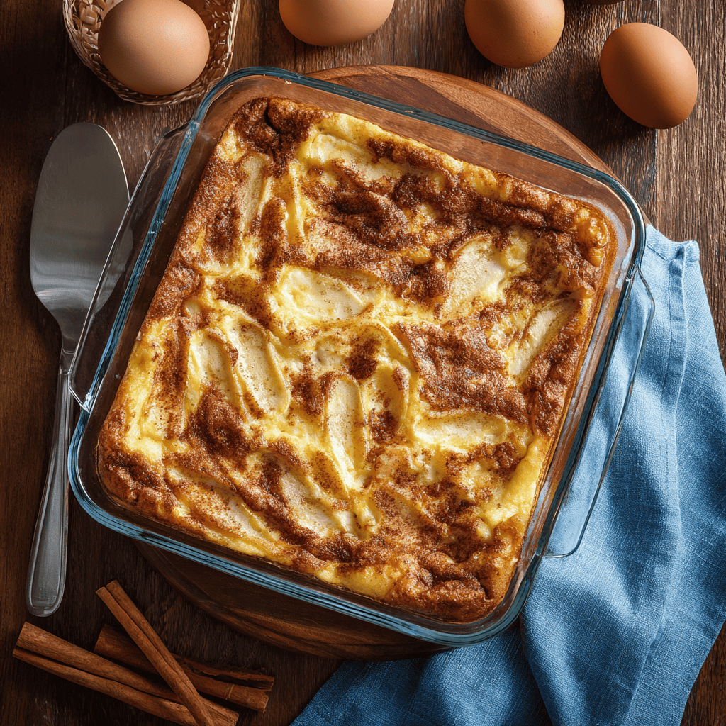 Cozy Apple Cinnamon Cottage Cheese Bake – High Protein & Gluten-Free 3 Top view of a golden-brown apple cinnamon cottage cheese bake in a square glass dish, styled with eggs, cinnamon sticks, and a blue towel on a wooden table.