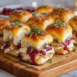 Close-up of golden-baked Florida OJ Cranberry Turkey Sliders on a wooden board, filled with roasted turkey, cranberry orange sauce, and melted Swiss cheese, topped with garlic herb butter and fresh parsley.