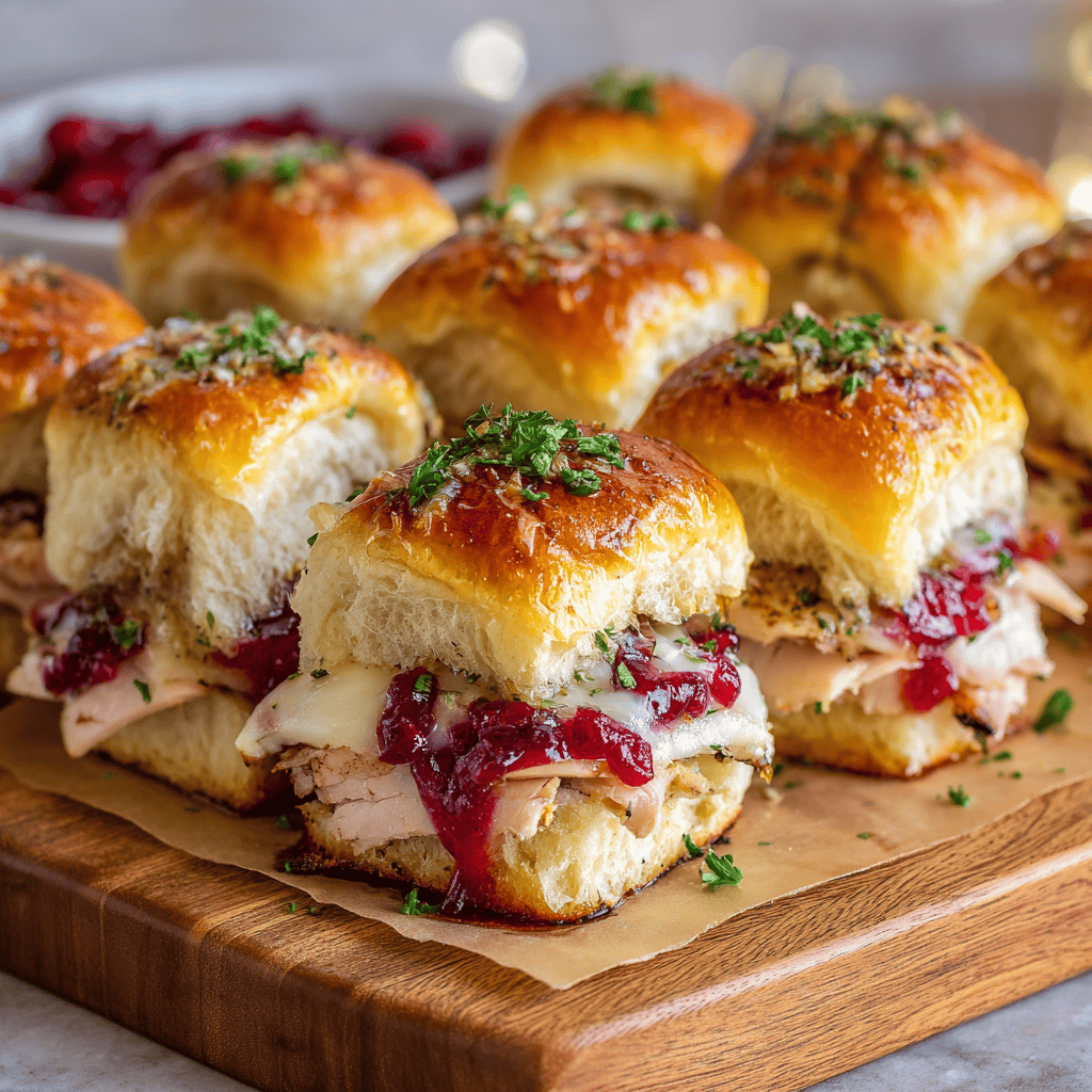 Close-up of golden-baked Florida OJ Cranberry Turkey Sliders on a wooden board, filled with roasted turkey, cranberry orange sauce, and melted Swiss cheese, topped with garlic herb butter and fresh parsley.