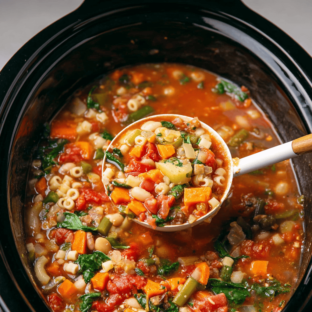 Crockpot Minestrone Soup: The Ultimate Hearty Slow Cooker Classic 3 A close-up of colorful Crockpot minestrone soup filled with vegetables, beans, and pasta, being served with a ladle from a black slow cooker.