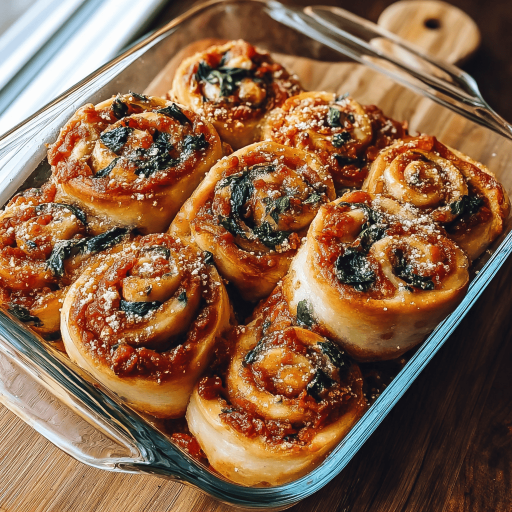 Glass dish filled with homemade vegan caramelized onion and spinach pizza rolls, baked until golden and topped with tomato sauce and spinach.