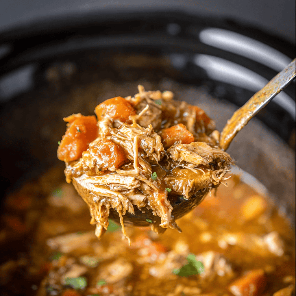 Raw ingredients for crockpot chicken pot roast including chicken thighs, chopped carrots, celery, onion in a slow cooker, with seasoning mix in a glass cup