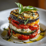 A gourmet stack of layered Mediterranean vegetable lasagna with creamy ricotta, featuring roasted eggplant, zucchini, and tomatoes topped with basil.