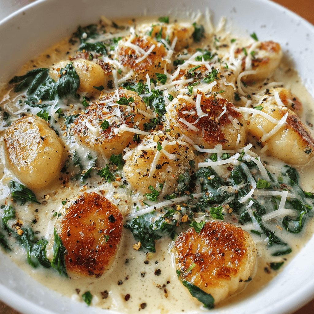 Golden pan-seared millionaire gnocchi in creamy parmesan sauce with spinach, topped with herbs and shredded cheese in a white bowl
