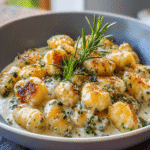 Pan-seared millionaire gnocchi with creamy truffle parmesan sauce topped with fresh herbs in a white bowl