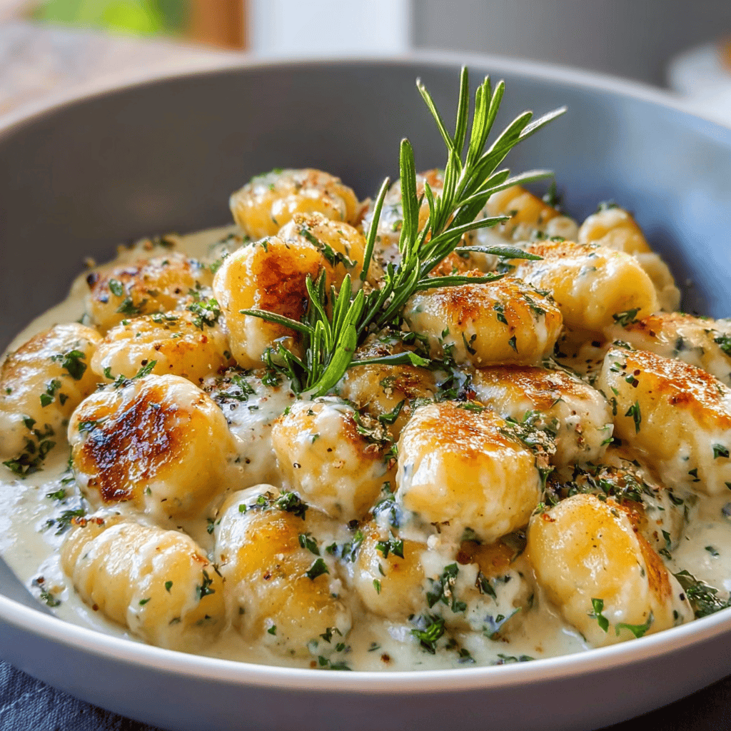 Pan-seared millionaire gnocchi with creamy truffle parmesan sauce topped with fresh herbs in a white bowl