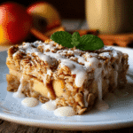 Oatmeal Apple Breakfast Bake: A Cozy, Healthy Start to Your Day 5 A close-up of oatmeal apple breakfast bake topped with vanilla glaze and fresh mint, showcasing baked oats and juicy apples – a cozy, healthy breakfast.