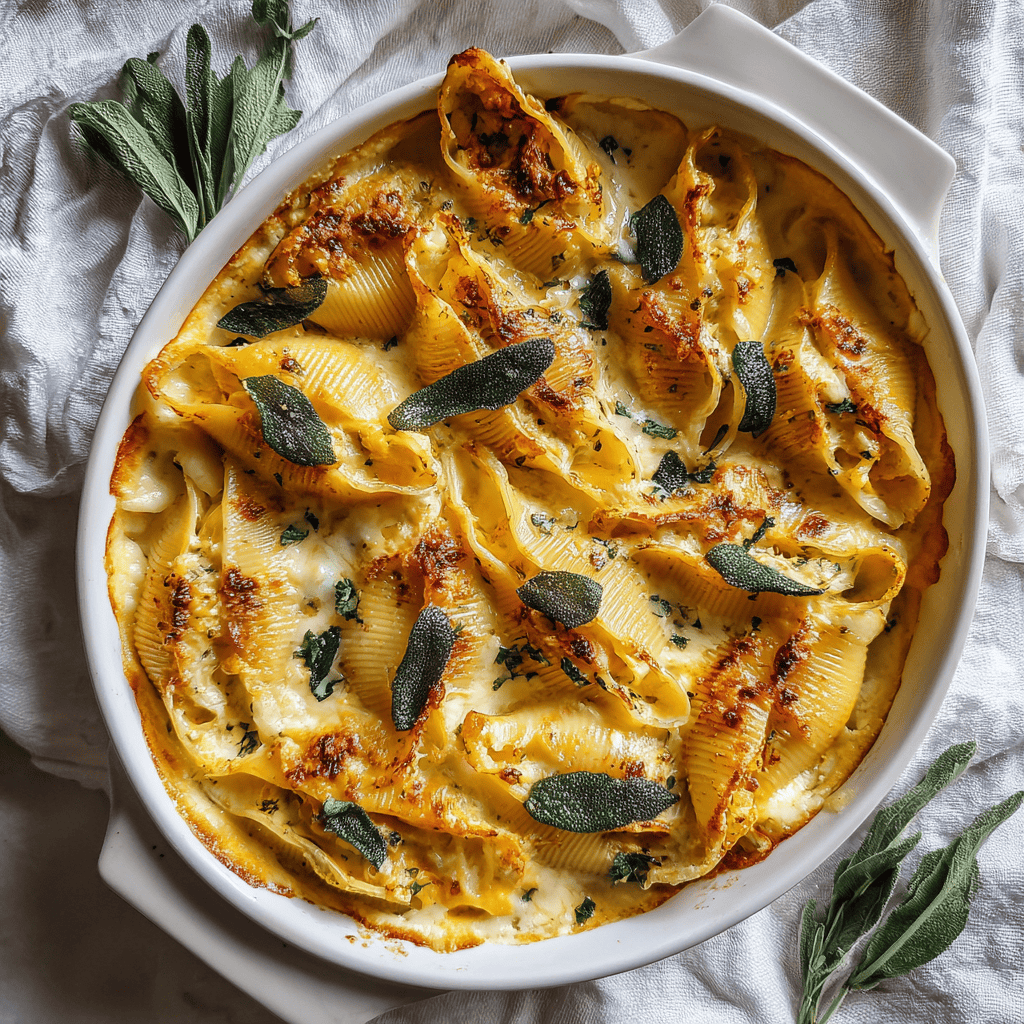 Jumbo pasta shells filled with pumpkin and gouda, baked in brown butter sage Alfredo sauce, topped with melted cheese and sage leaves in a round white dish