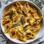 Creamy pumpkin and gouda stuffed pasta shells baked in brown butter sage Alfredo sauce, topped with cheese and sage leaves in a ceramic dish
