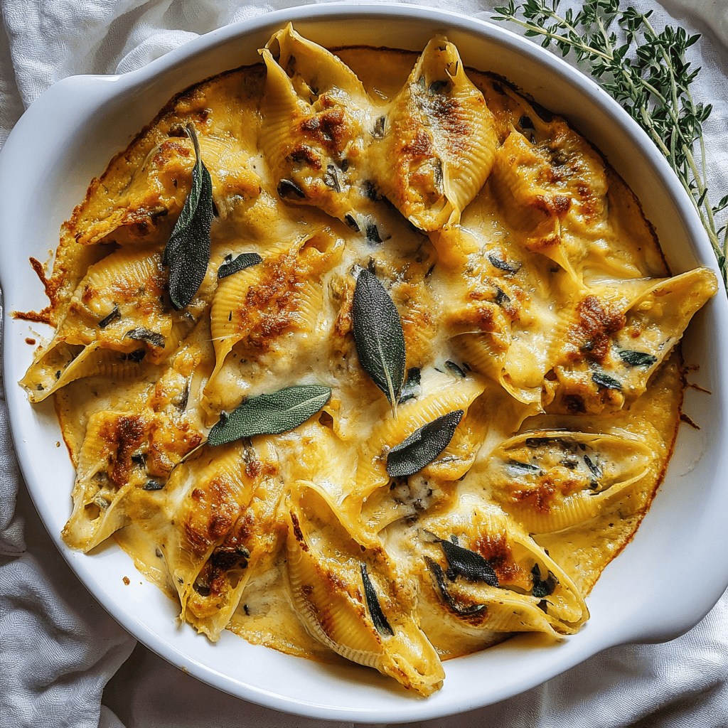 Creamy pumpkin and gouda stuffed pasta shells baked in brown butter sage Alfredo sauce, topped with cheese and sage leaves in a ceramic dish