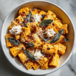 Sweet Potato, Goat Cheese & Sage: A Flavorful Fusion of Comfort and Elegance 5 Rigatoni pasta with roasted sweet potato sauce, goat cheese, and crispy sage leaves in a white bowl