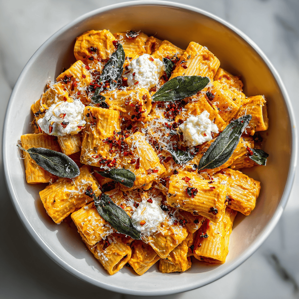 Sweet Potato, Goat Cheese & Sage: A Flavorful Fusion of Comfort and Elegance 4 Rigatoni pasta with roasted sweet potato sauce, goat cheese, and crispy sage leaves in a white bowl