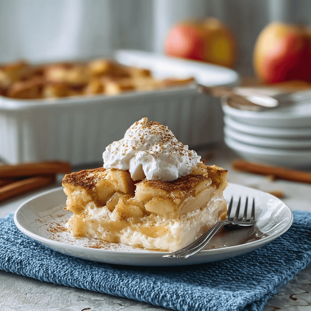 Cozy Apple Cinnamon Cottage Cheese Bake – High Protein & Gluten-Free 4 Single serving of apple cinnamon cottage cheese bake on a white plate, topped with whipped cream and cinnamon, styled with apples and blue linen.