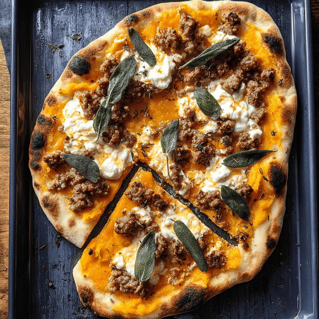 Sliced autumn naan pizza with golden pumpkin base, browned sausage, creamy ricotta, and fresh sage leaves on a dark tray