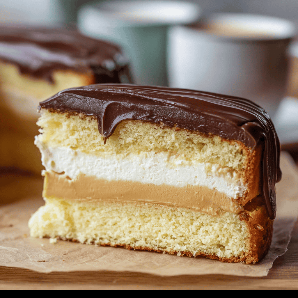 Close-up of a sliced Boston Cream Pie Recipe showing sponge cake layers, vanilla custard, and rich chocolate ganache